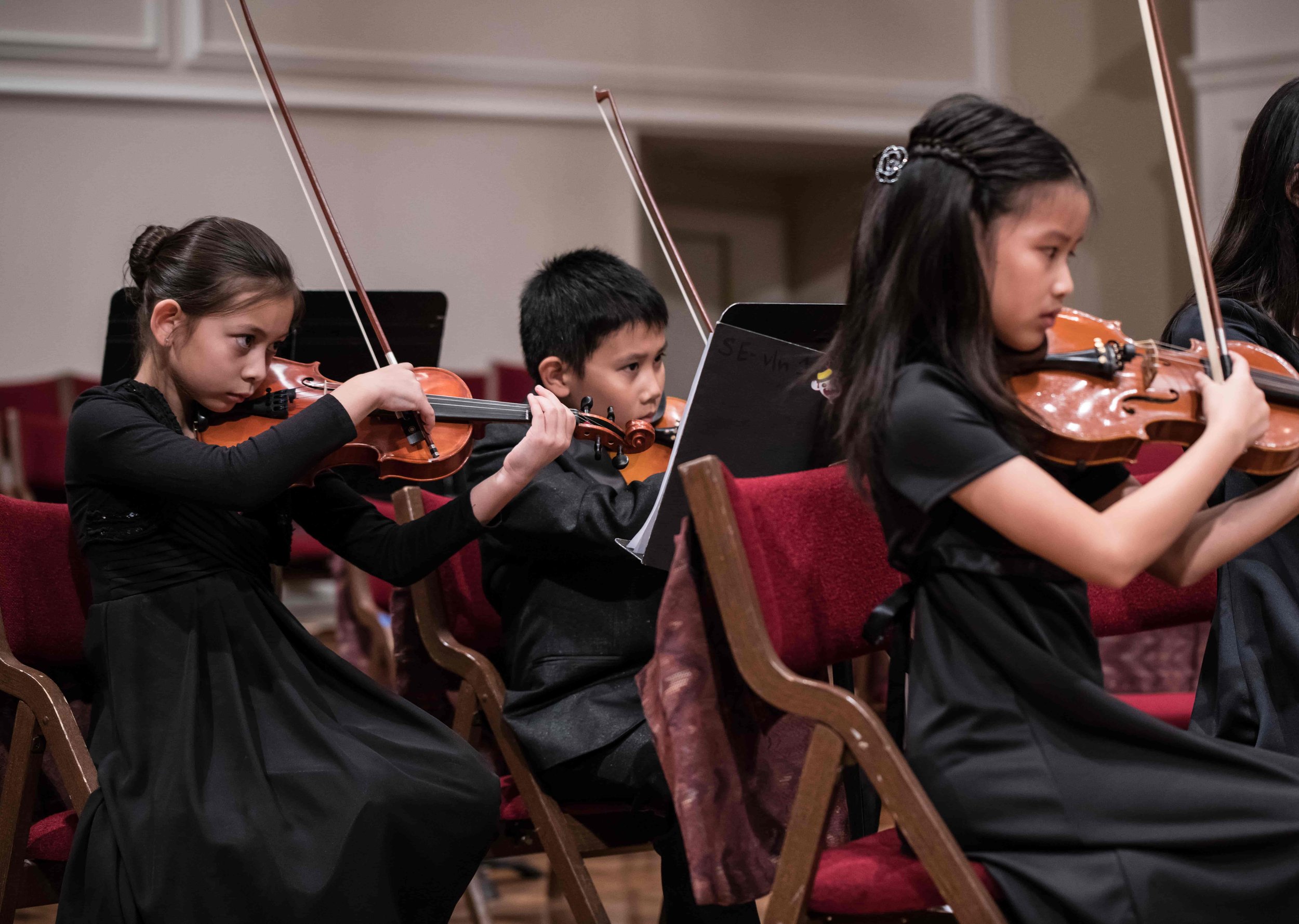 Members of the orchestra with their instruments.